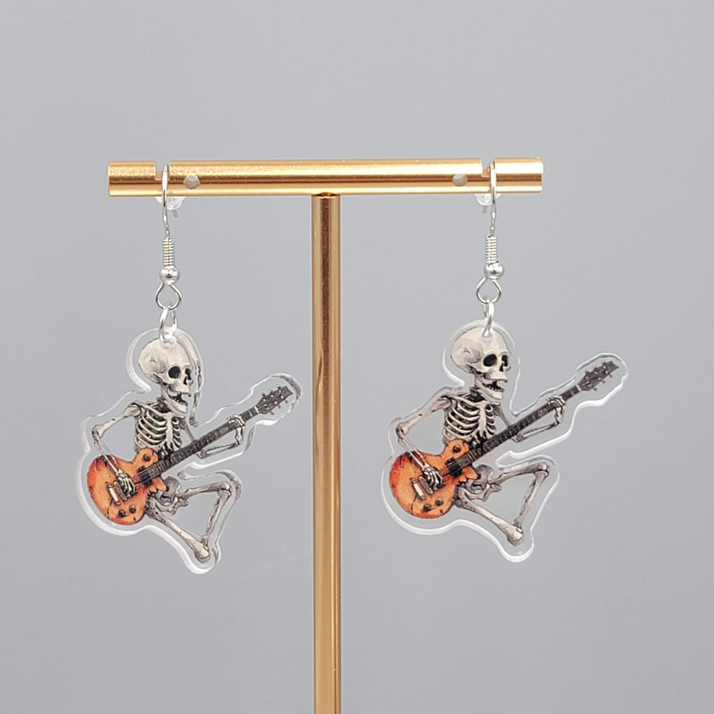 Halloween Skeleton Electric Guitar Pierced Earrings Silver tone Dangle 1.5 in