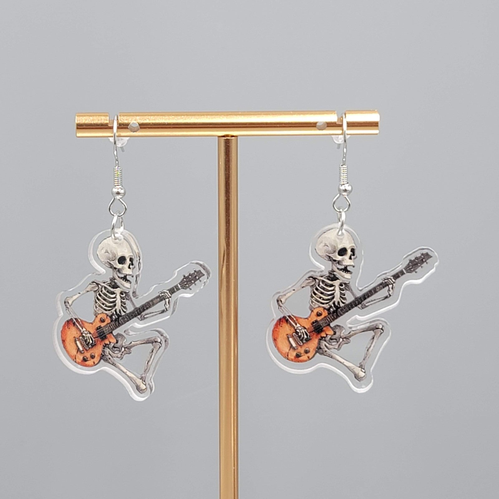 Halloween Skeleton Electric Guitar Pierced Earrings Silver tone Dangle 1.5 in