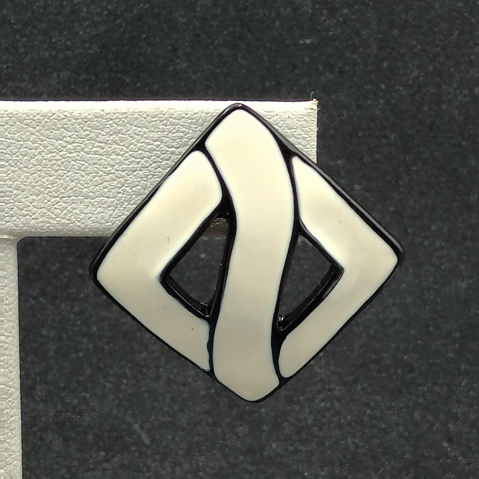 Vintage Pierced Earrings White Black Enamel Open Square Drop 1 3/8"