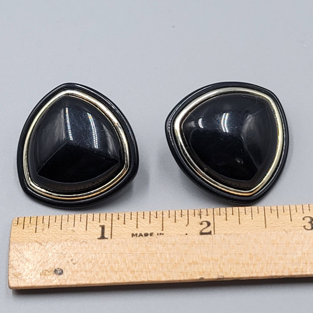 Vintage Clip on Earrings Black Triangle Gold tone Large Statement Plastic 1.25"