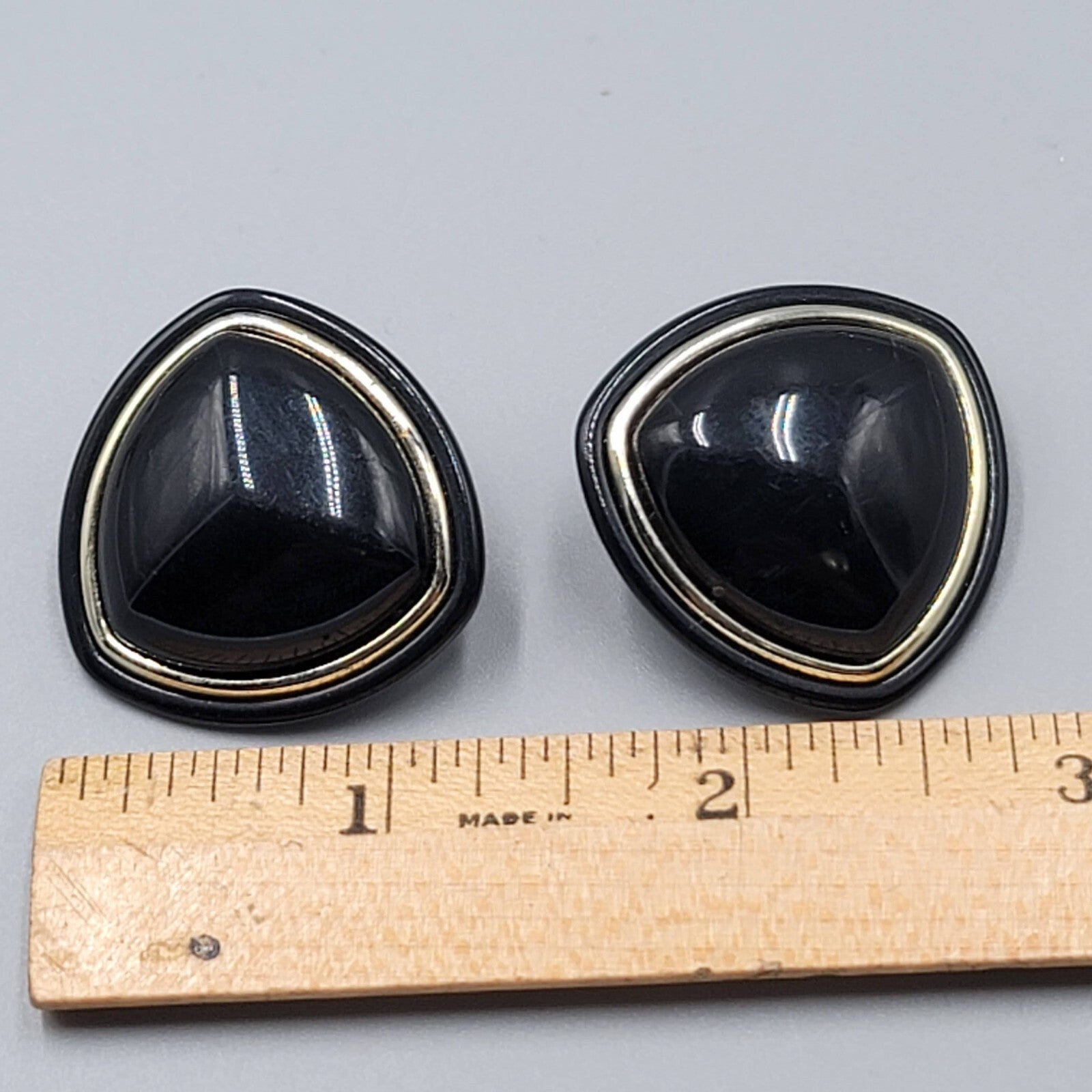 Vintage Clip on Earrings Black Triangle Gold tone Large Statement Plastic 1.25"