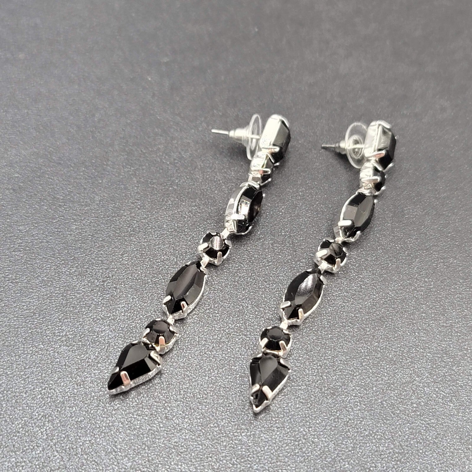 Pierced Earrings Silver tone Acrylic Black Prong Set Dangle 3"
