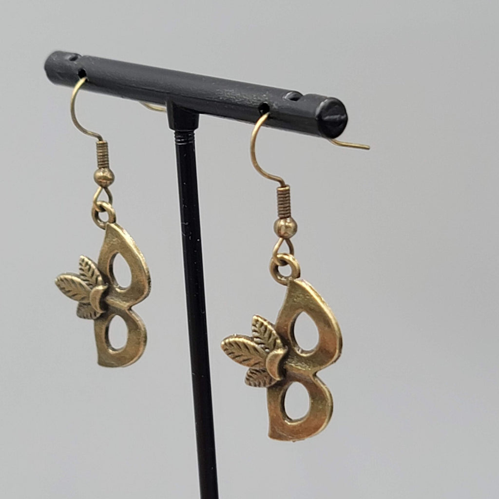 Masquerade Mask Pierced Earrings Bronze tone Metal Embossed Leaves Dangle  1"