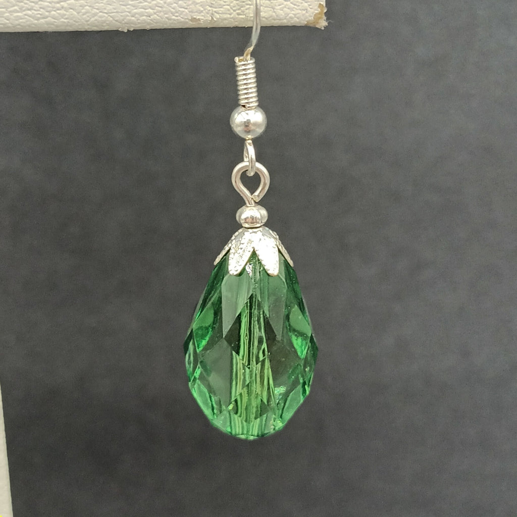 Pierced Earrings Silver tone Acrylic Green Faceted Teardrop Dangle 1"