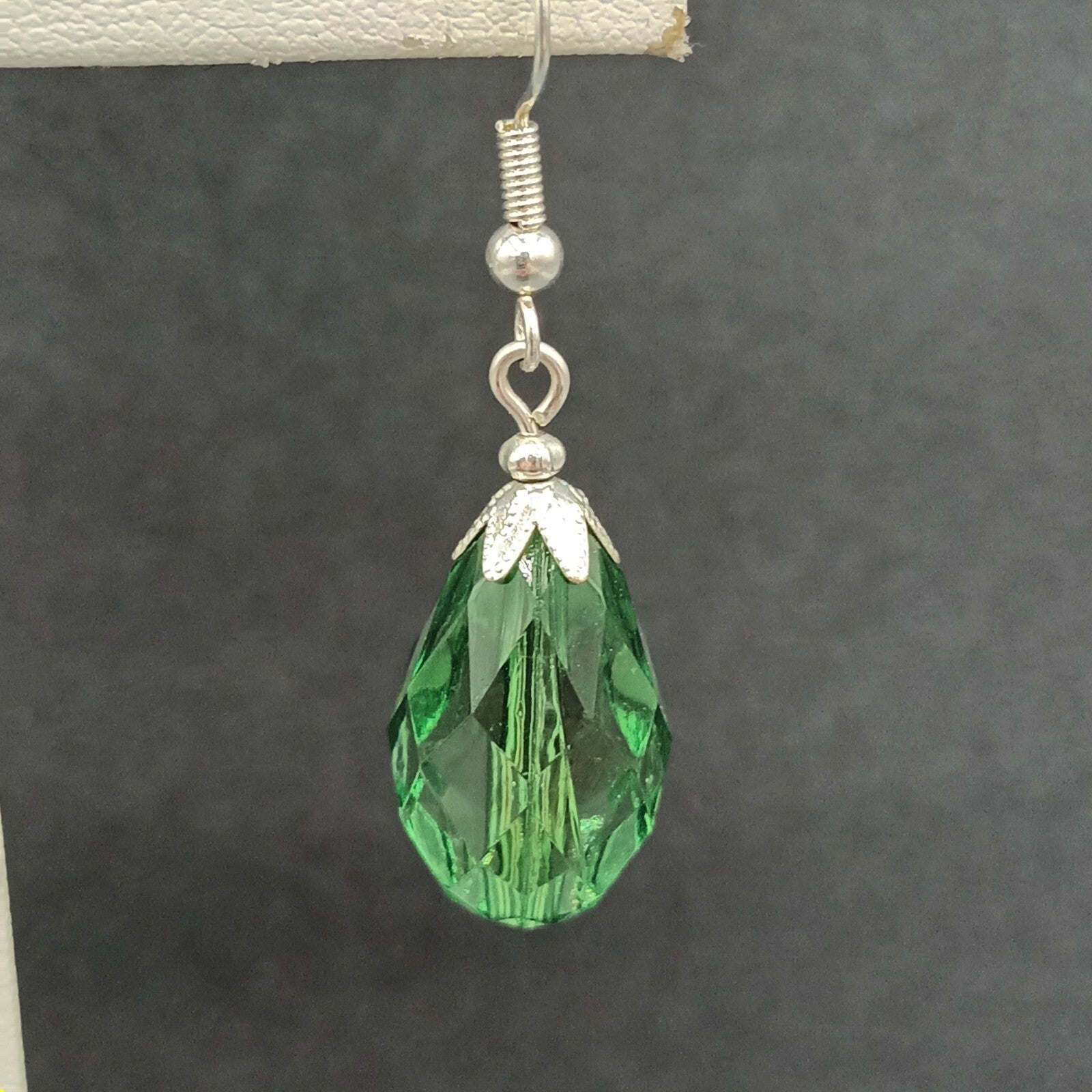 Pierced Earrings Silver tone Acrylic Green Faceted Teardrop Dangle 1"