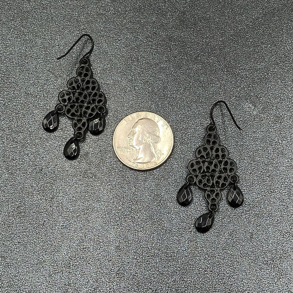 Pierced Earrings Black Metal Faceted Acrylic Chandelier Statement Dangle 1 3/4"