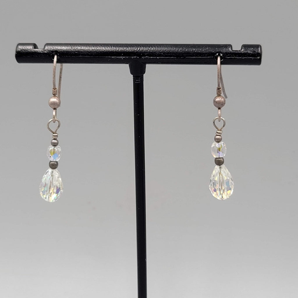 AB Crystal Teardrop Bead Pierced Earrings Silver tone Dangle 7/8"