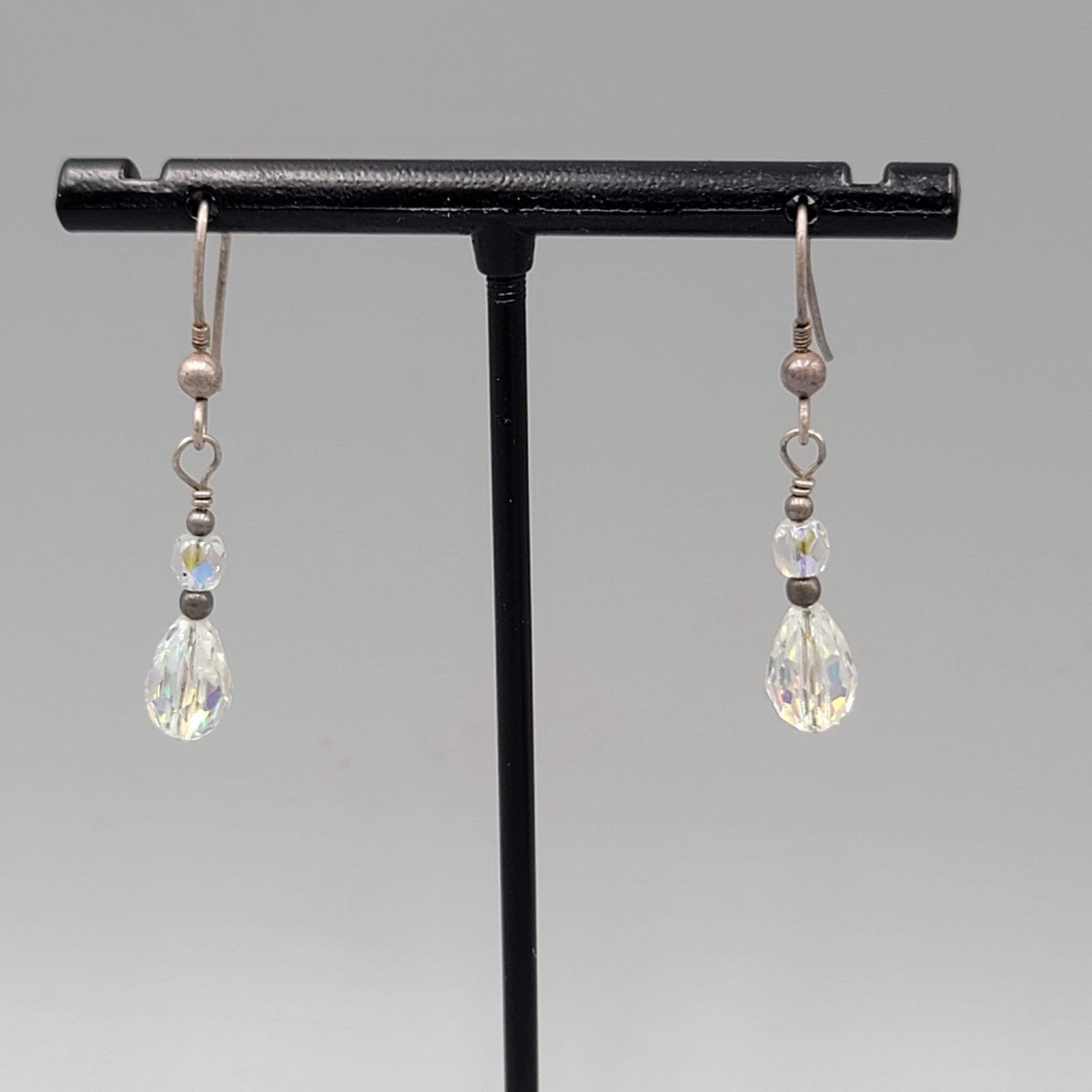 AB Crystal Teardrop Bead Pierced Earrings Silver tone Dangle 7/8"