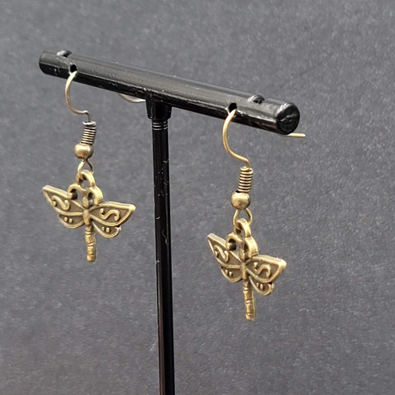 Dragonfly Pierced Earrings Dangle Bronze tone Bug Insect 5/8"