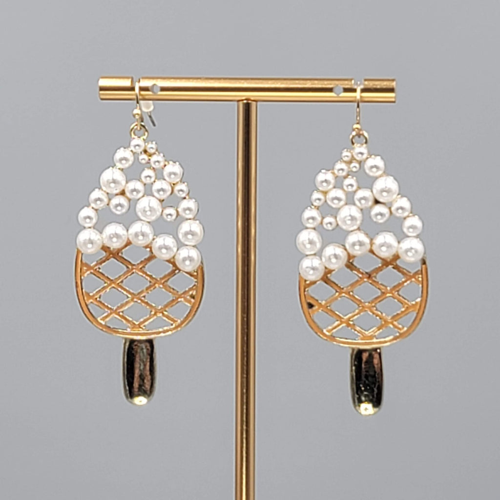 Dessert Ice Cream Bar Pierced Earrings Gold tone Dangle Faux Pearl 2.25"