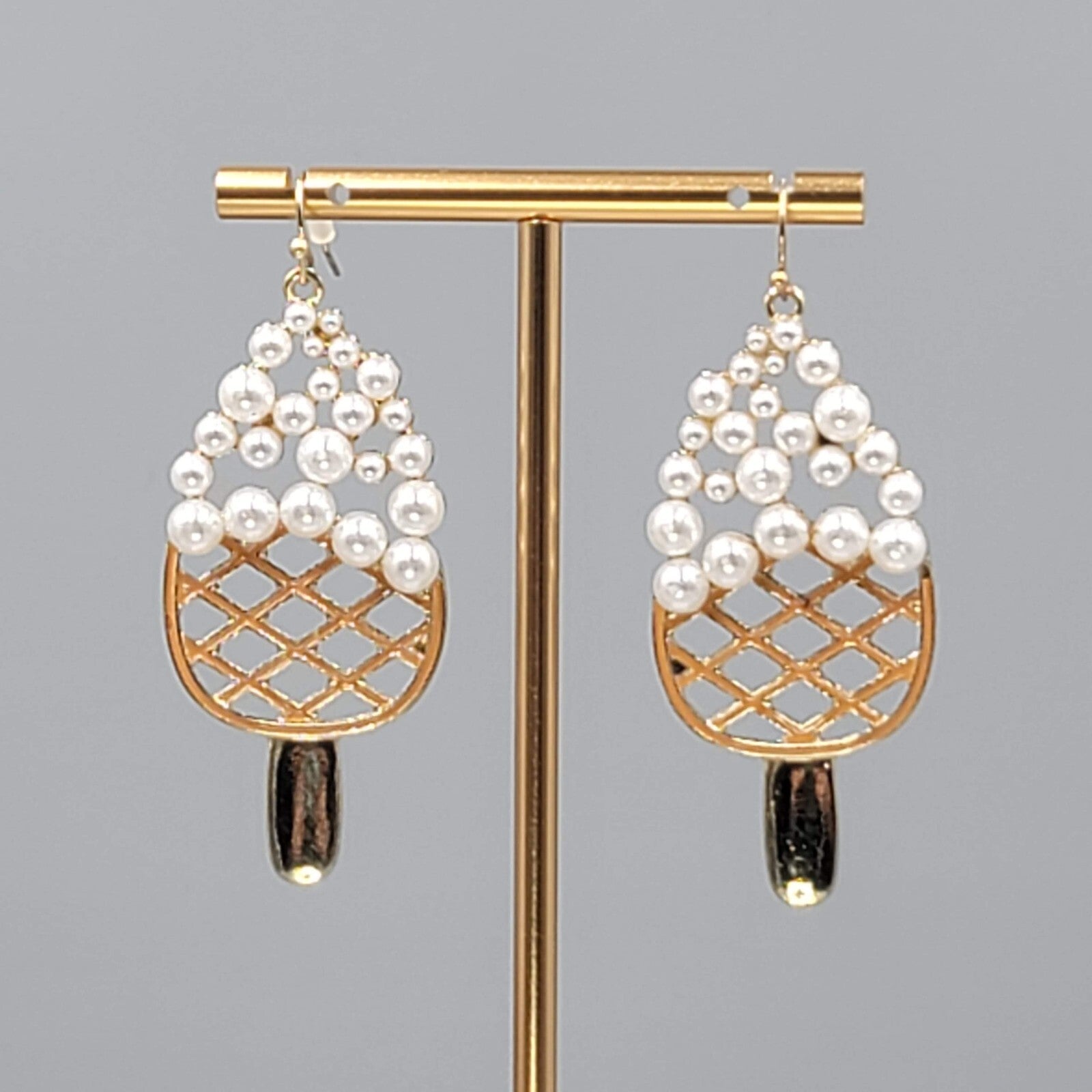 Dessert Ice Cream Bar Pierced Earrings Gold tone Dangle Faux Pearl 2.25"