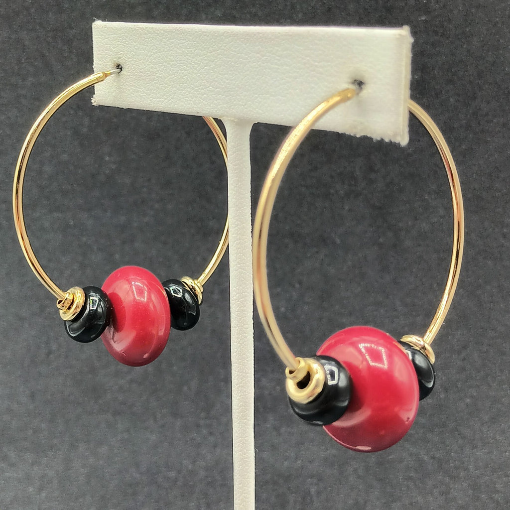 Vintage Pierced Earrings Gold tone Acrylic Beaded Snap Hoops 2"