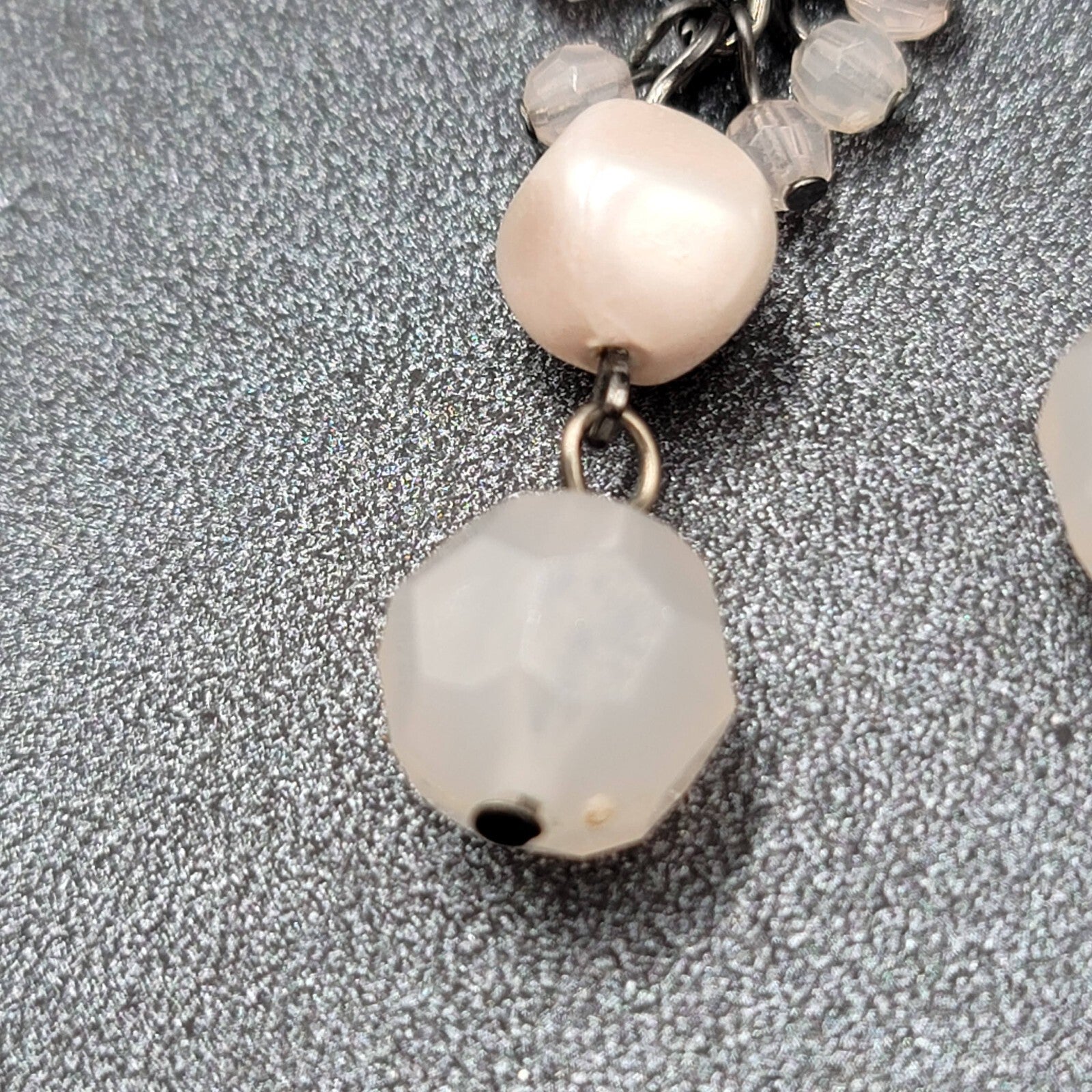 Pierced Earrings Black Metal Pale Pink Beads Dangle 1.5"