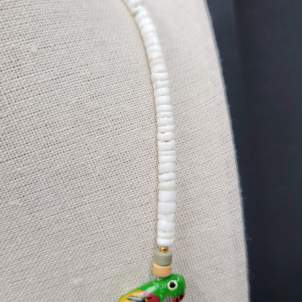 Vintage Shell Necklace Wood Hand Painted Parrot Beads 18"