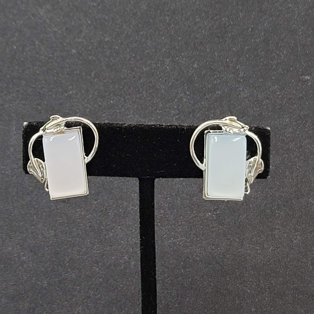 Vintage Clip on Earrings Silver tone Blue Lucite Thermoset Rectangle 7/8"