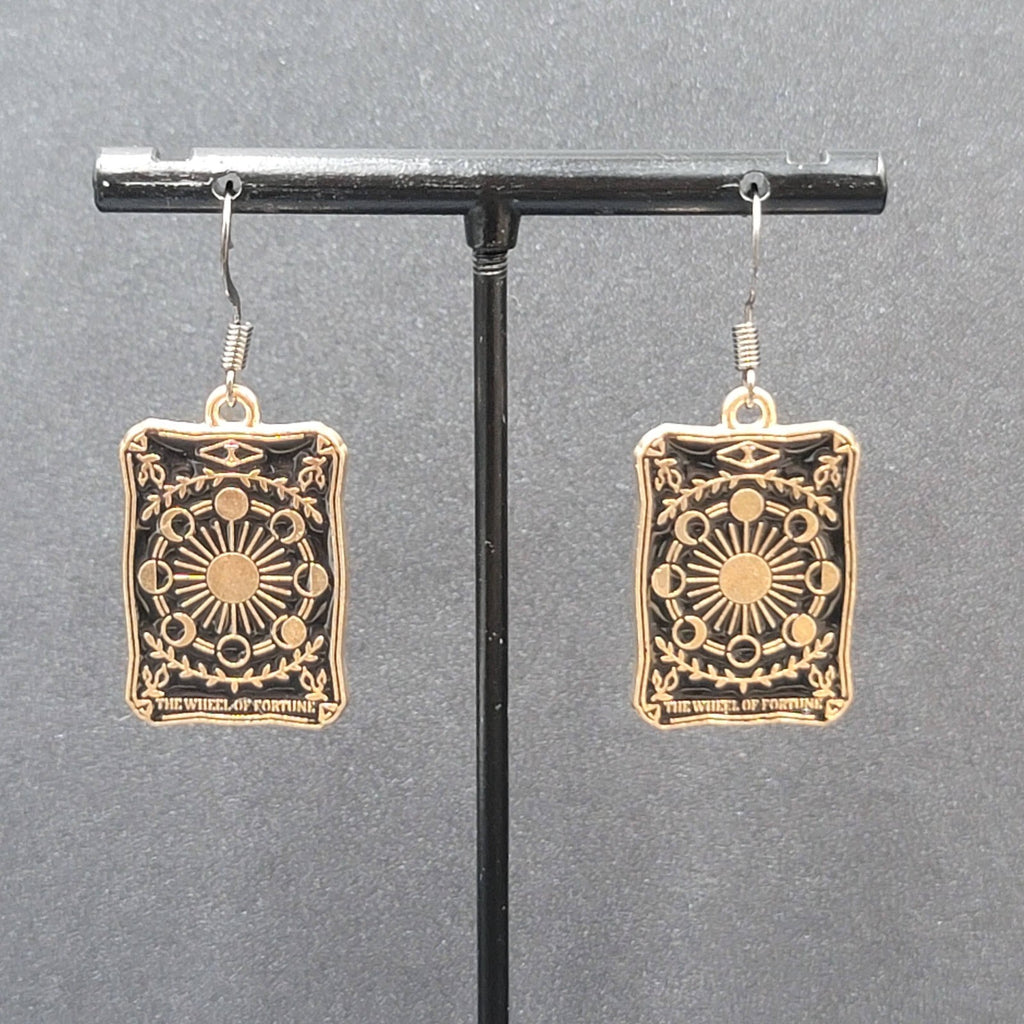 Tarot Card Pierced Earrings The Wheel of Fortune Gold tone Black 1"
