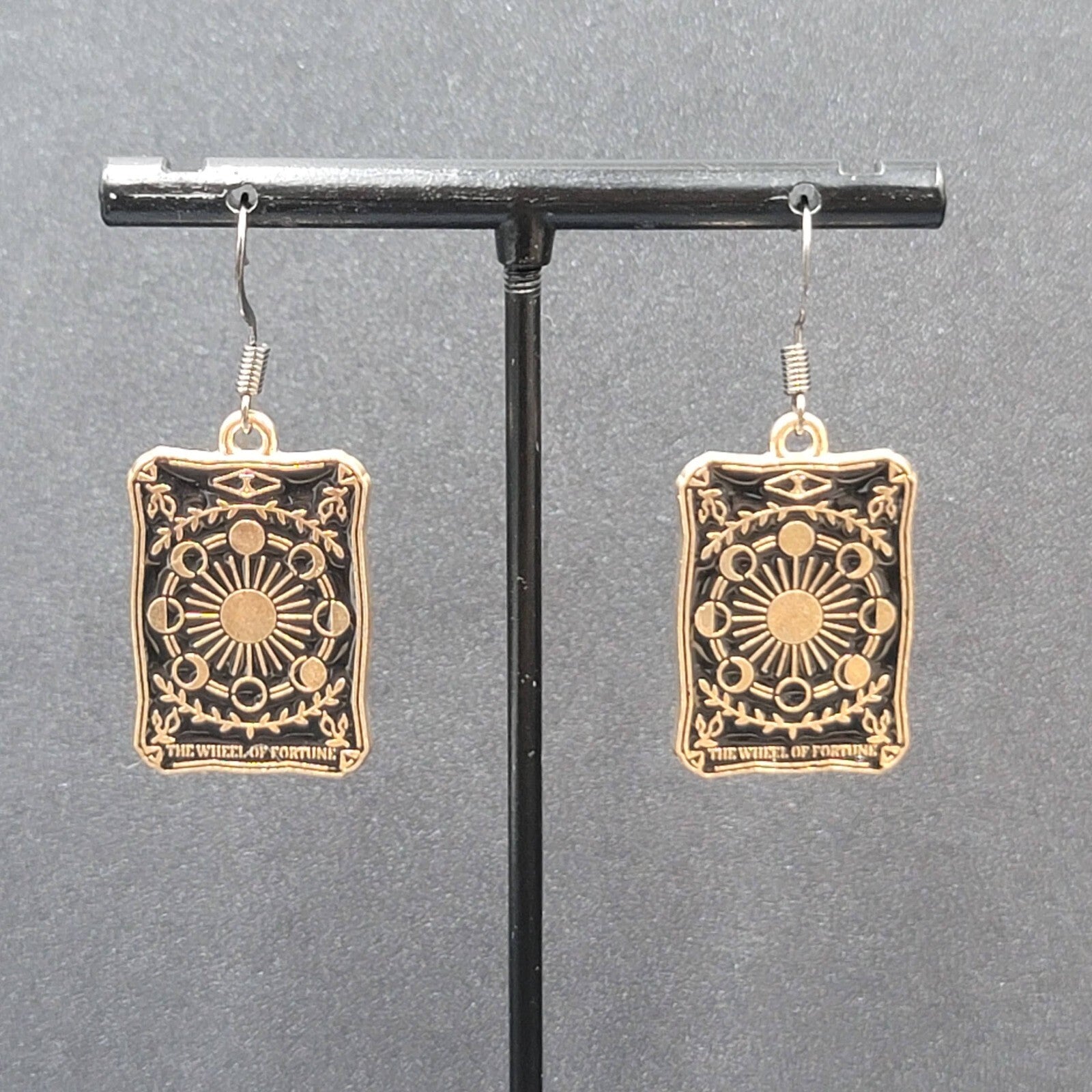 Tarot Card Pierced Earrings The Wheel of Fortune Gold tone Black 1"