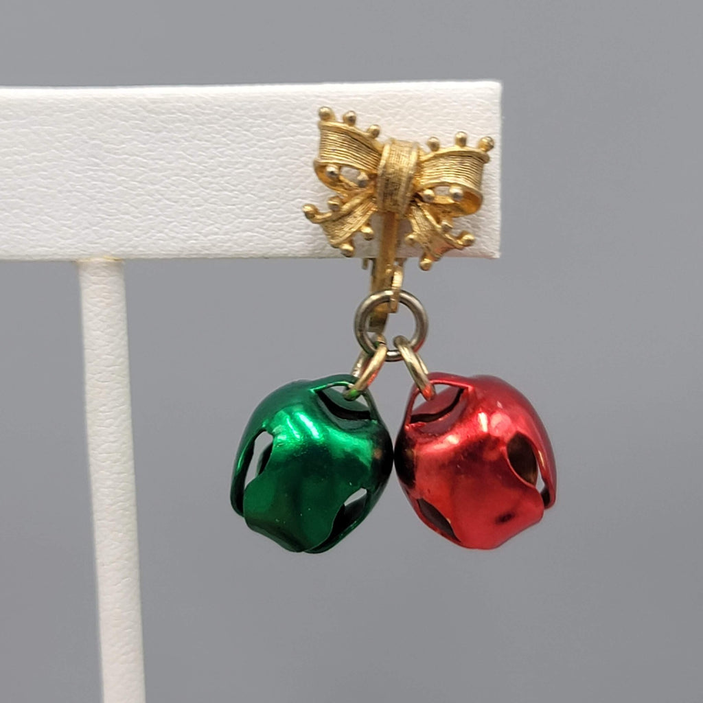 Vintage Christmas Bow Bells Clip on Earrings Gold tone Dangle 1.5"