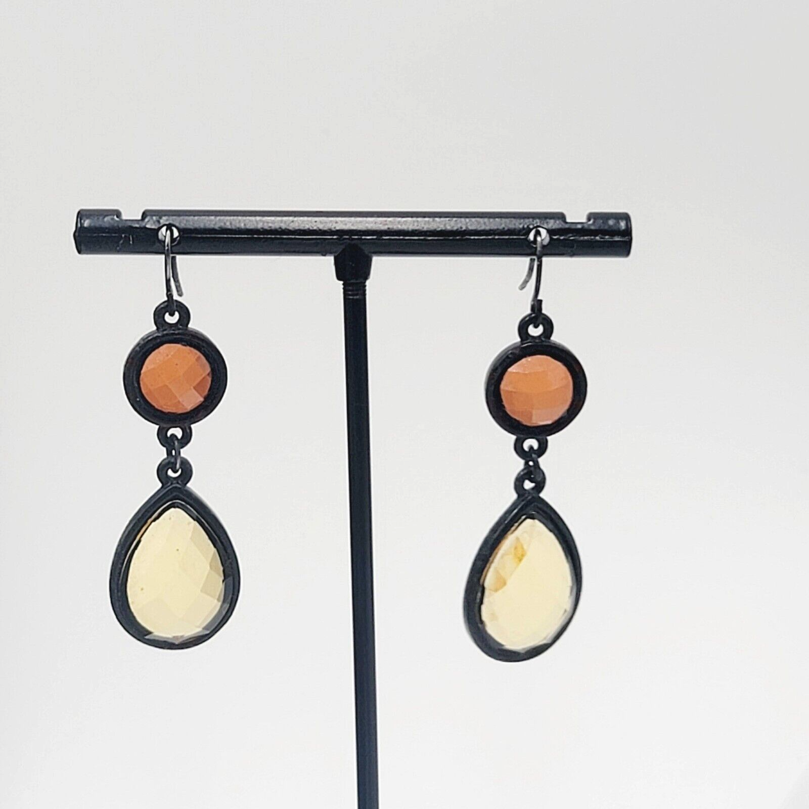 Pierced Earrings Black Metal Orange Yellow Acrylic Dangle 1.5"