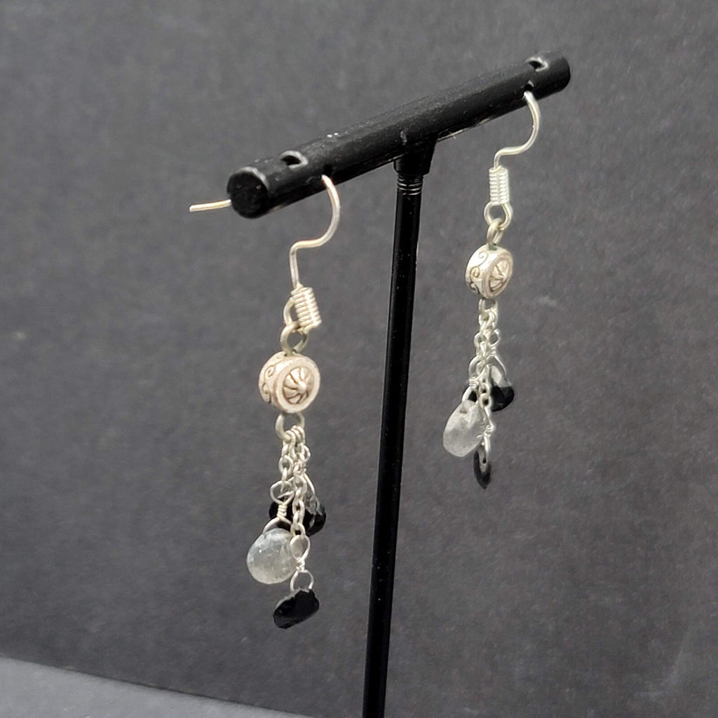 Pierced Earrings Silver tone Black Gray Stones on Dangle Chains 1.25"