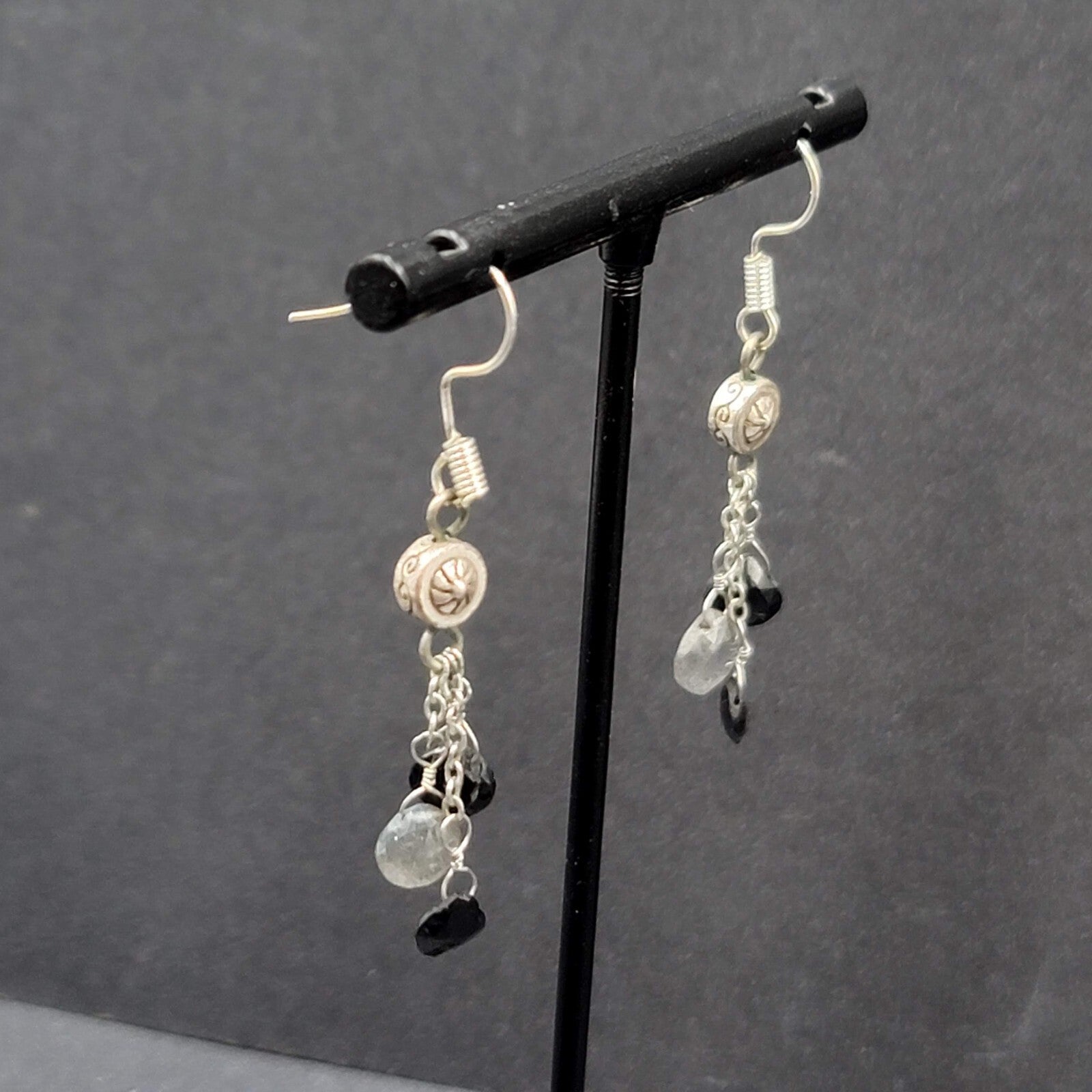 Pierced Earrings Silver tone Black Gray Stones on Dangle Chains 1.25"