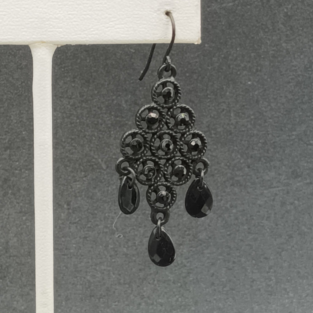 Pierced Earrings Black Metal Faceted Acrylic Chandelier Statement Dangle 1 3/4"