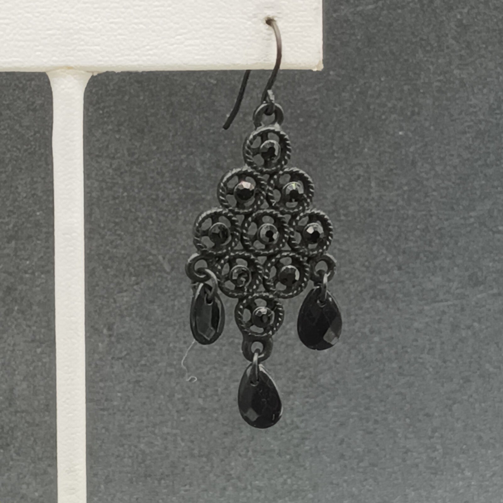 Pierced Earrings Black Metal Faceted Acrylic Chandelier Statement Dangle 1 3/4"