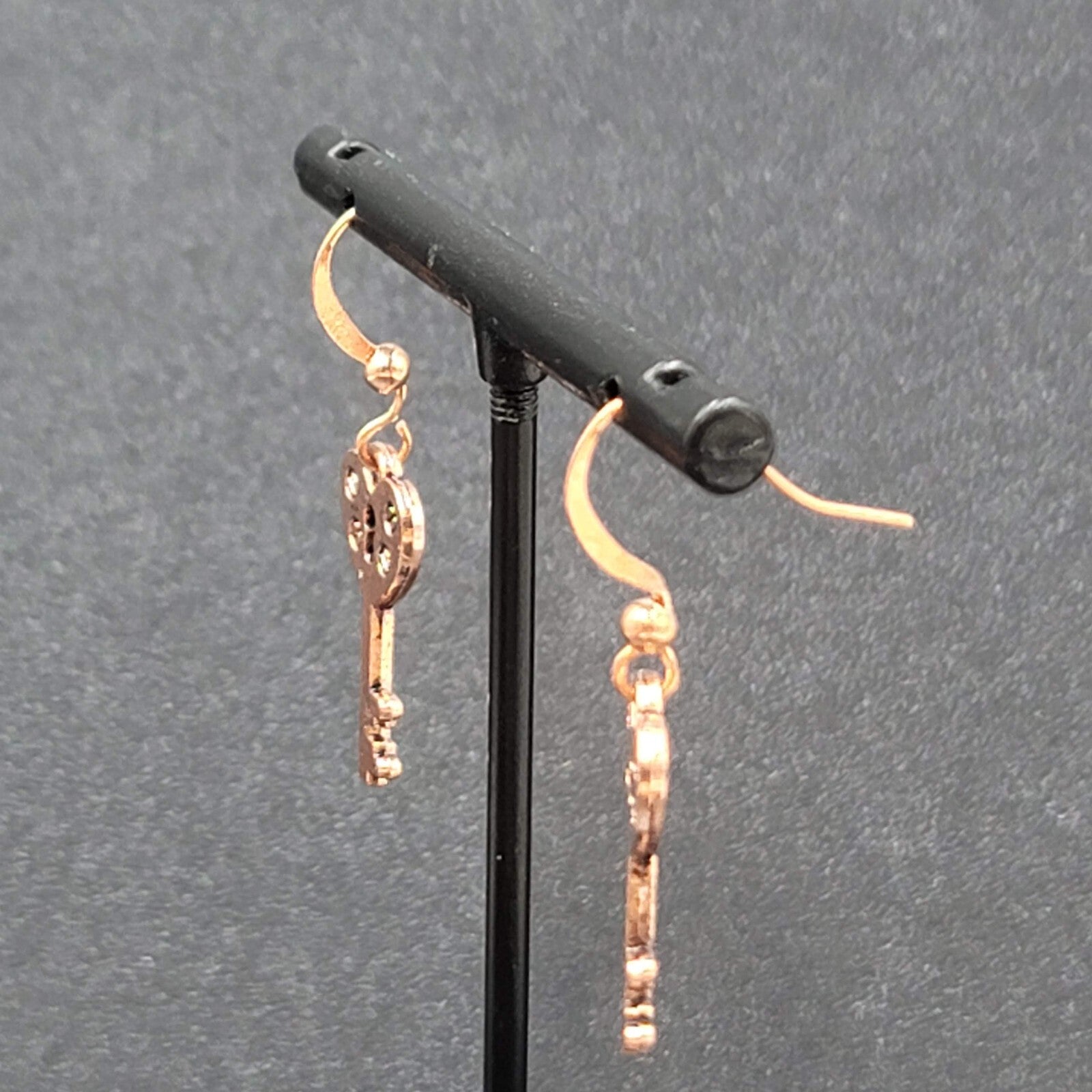 Heart Skeleton Key Pierced Earrings Bright Copper tone Dangle 7/8"