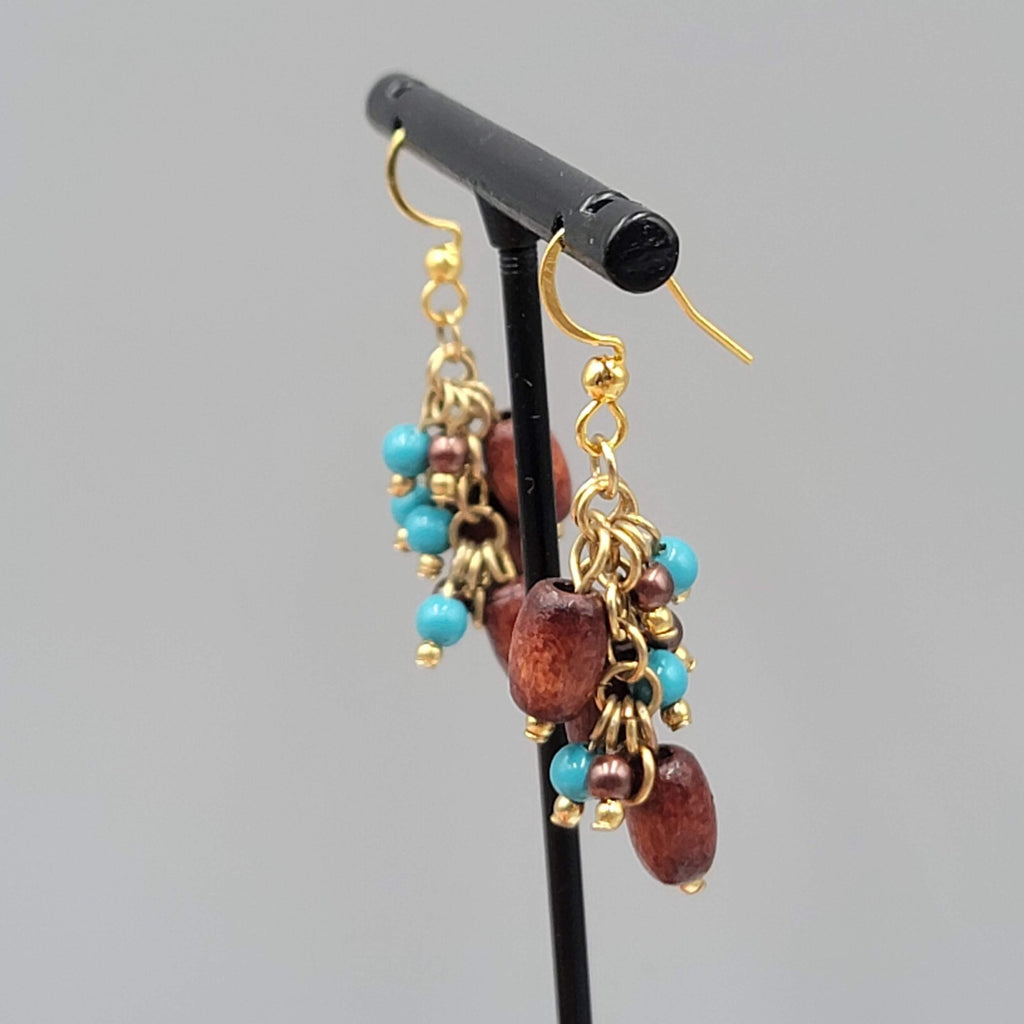 Wood Bead Pierced Earrings Gold tone Blue Bead Dangle 1.25"