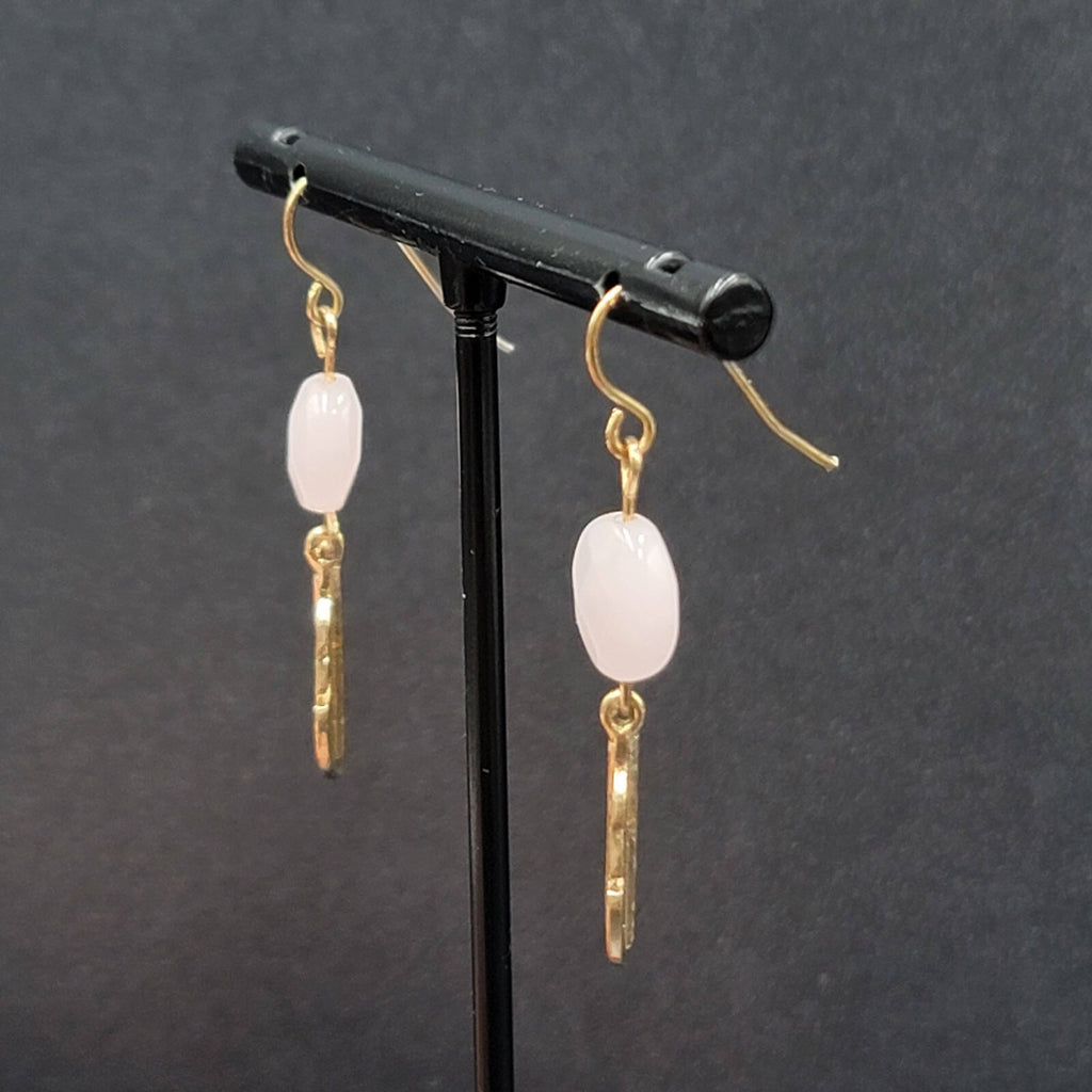Pierced Earrings Gold tone Pink Quartz Metal Feather Dangle 1 3/8"