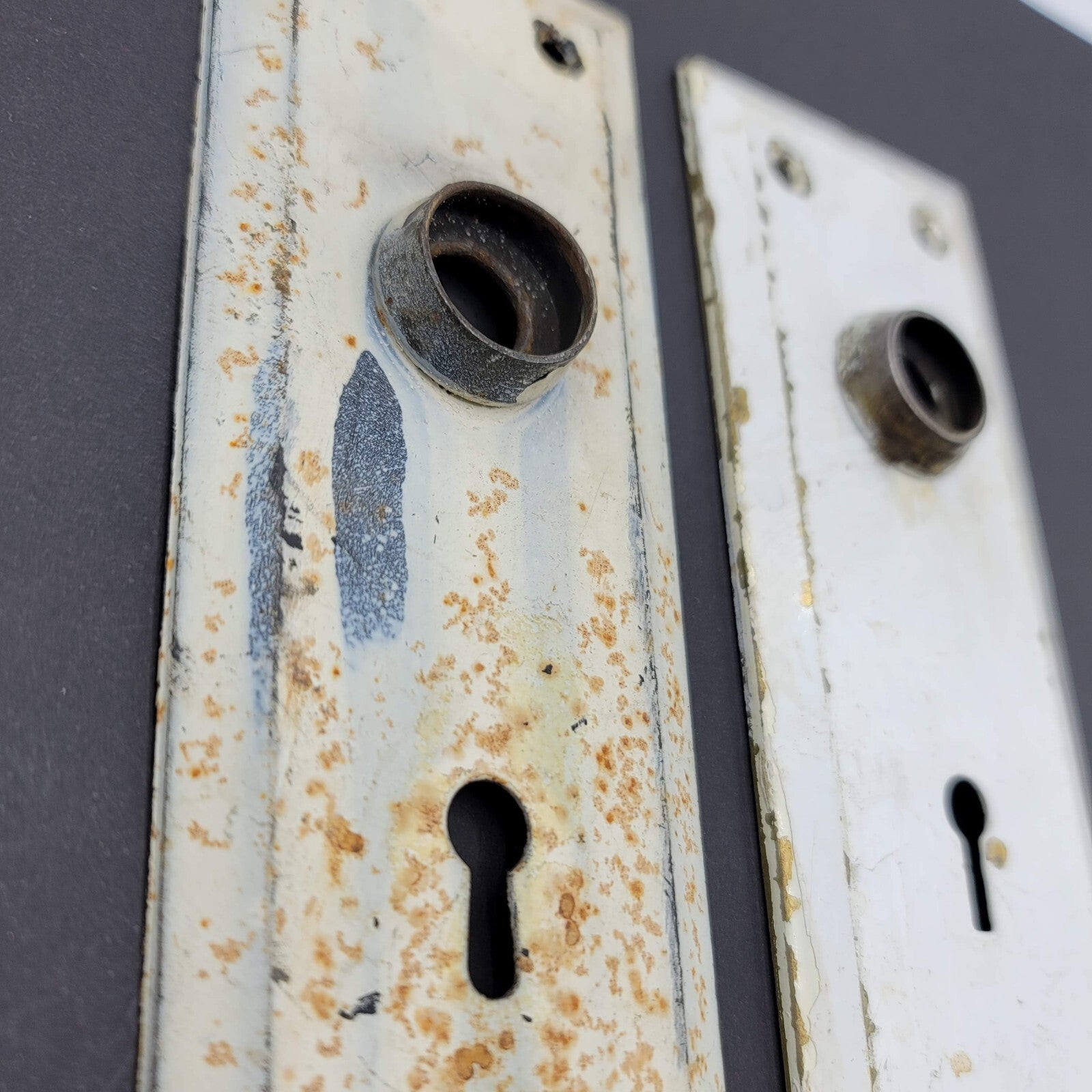 Vintage PAIR Brass Rectangle Doorknob Back Plates Shabby Painted White