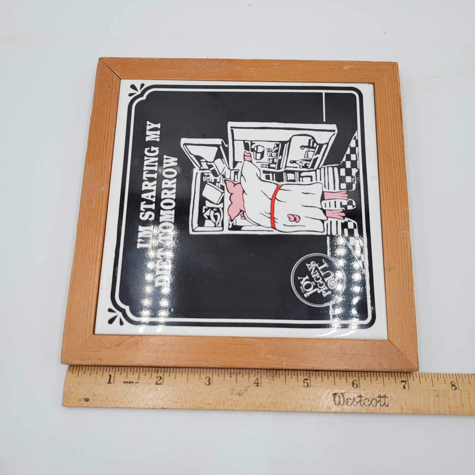 Vintage 1986 The Joy of Pigging Out Ceramic Tile Wall Trivet Diet Start Tomorrow