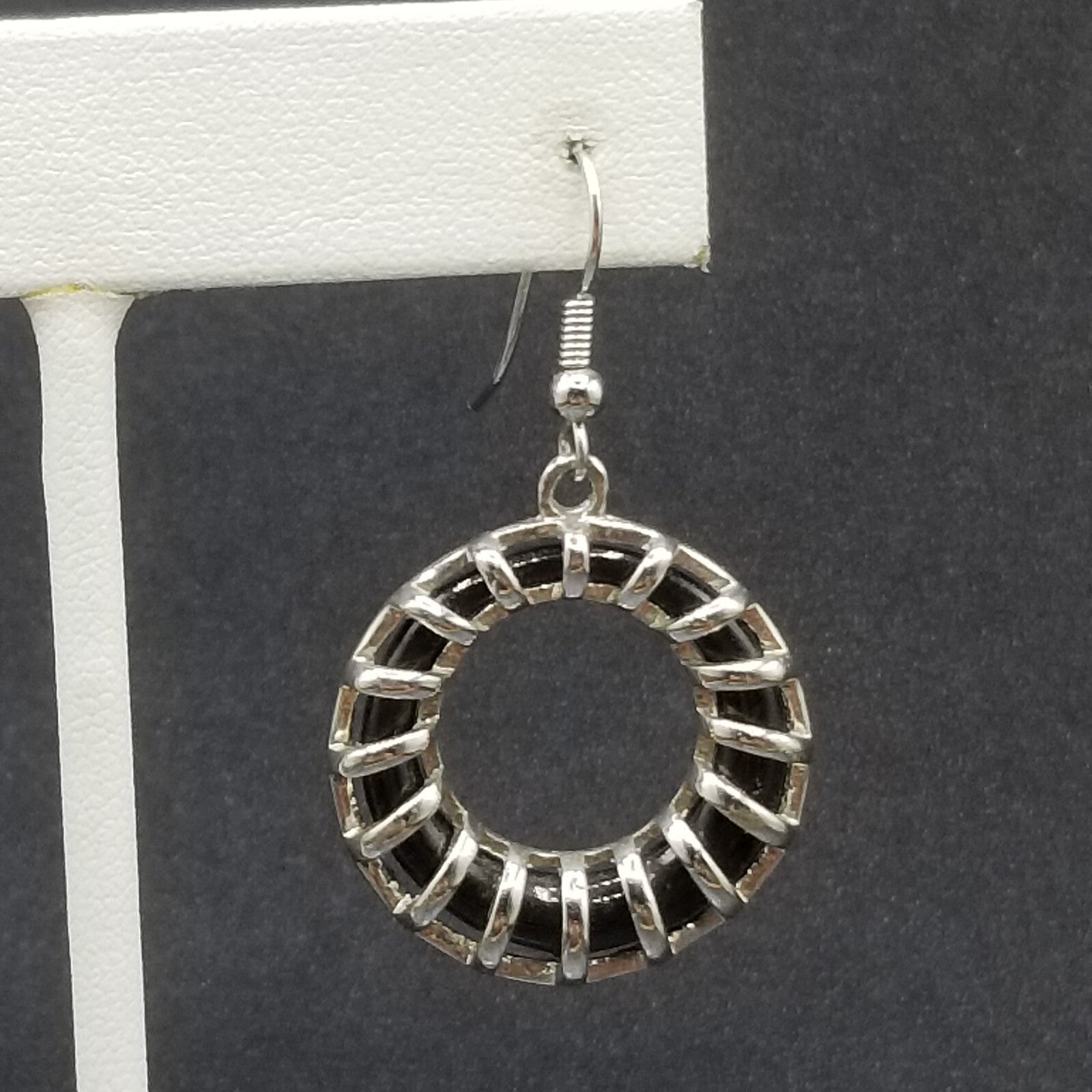 Pierced Earrings Silver tone Black Acrylic Geometric Ring Statement Dangle 1"