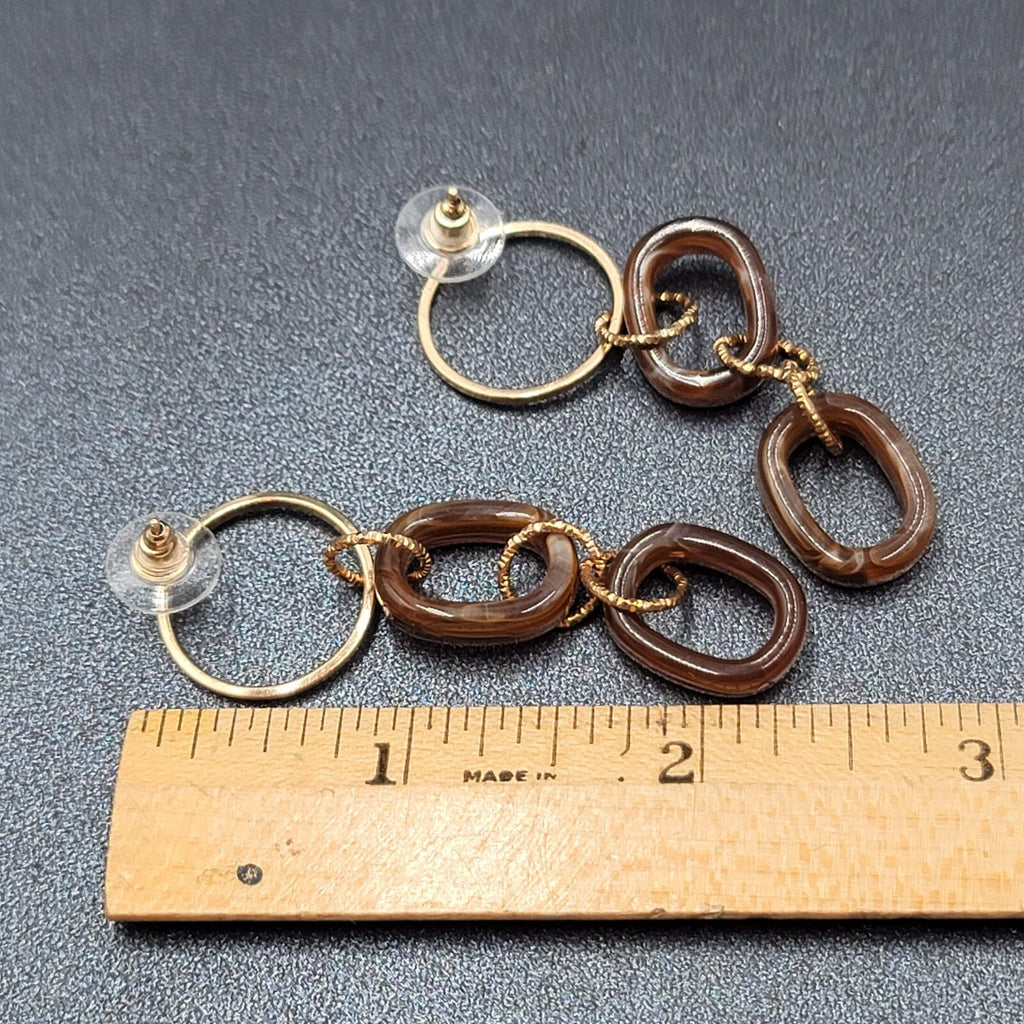 Pierced Earrings Gold tone Brown Swirl Acrylic Hoops Lightweight 2.75"
