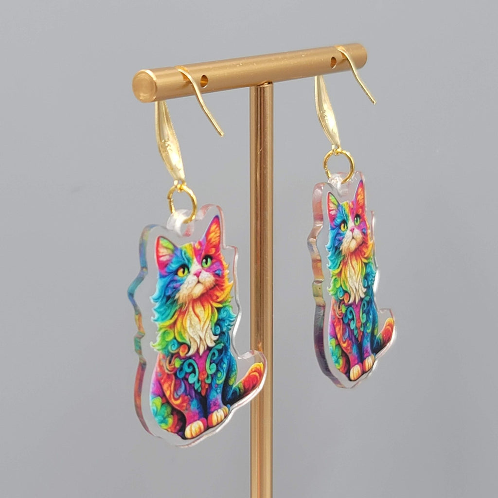 Rainbow Cat Pierced Earrings Multicolor  Acrylic Dangle Gold tone Hook 1.5"
