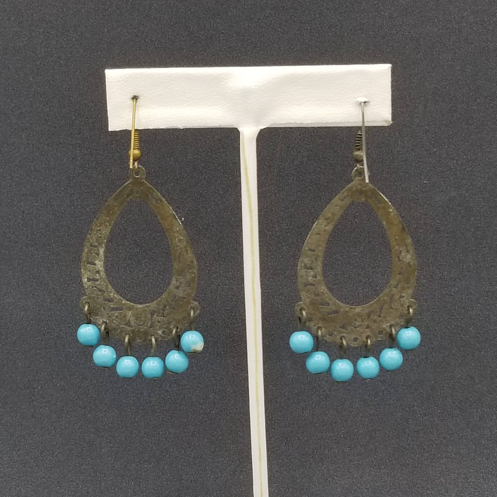 Pierced Earrings Bronze tone Chandelier Teardrop Blue Bead Dangle 2.25"