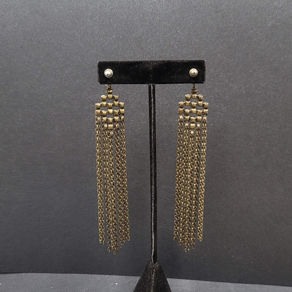 Pierced Earrings Bronze tone Sparkle Rhinestone Chain Dangle Long 4.5"