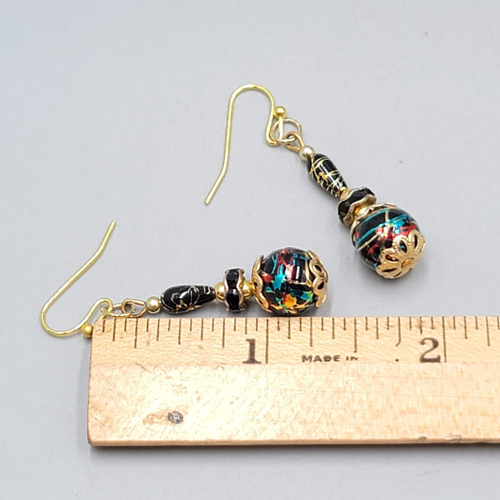 Black Bead Color Splatter Pierced Earrings Gold tone Dangle 1.5"