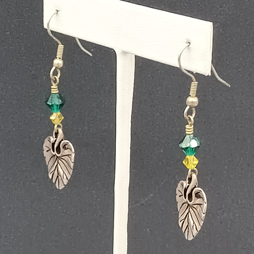 Pierced Earrings Silver tone Leaf Green Yellow Bead Dangle 1.25"