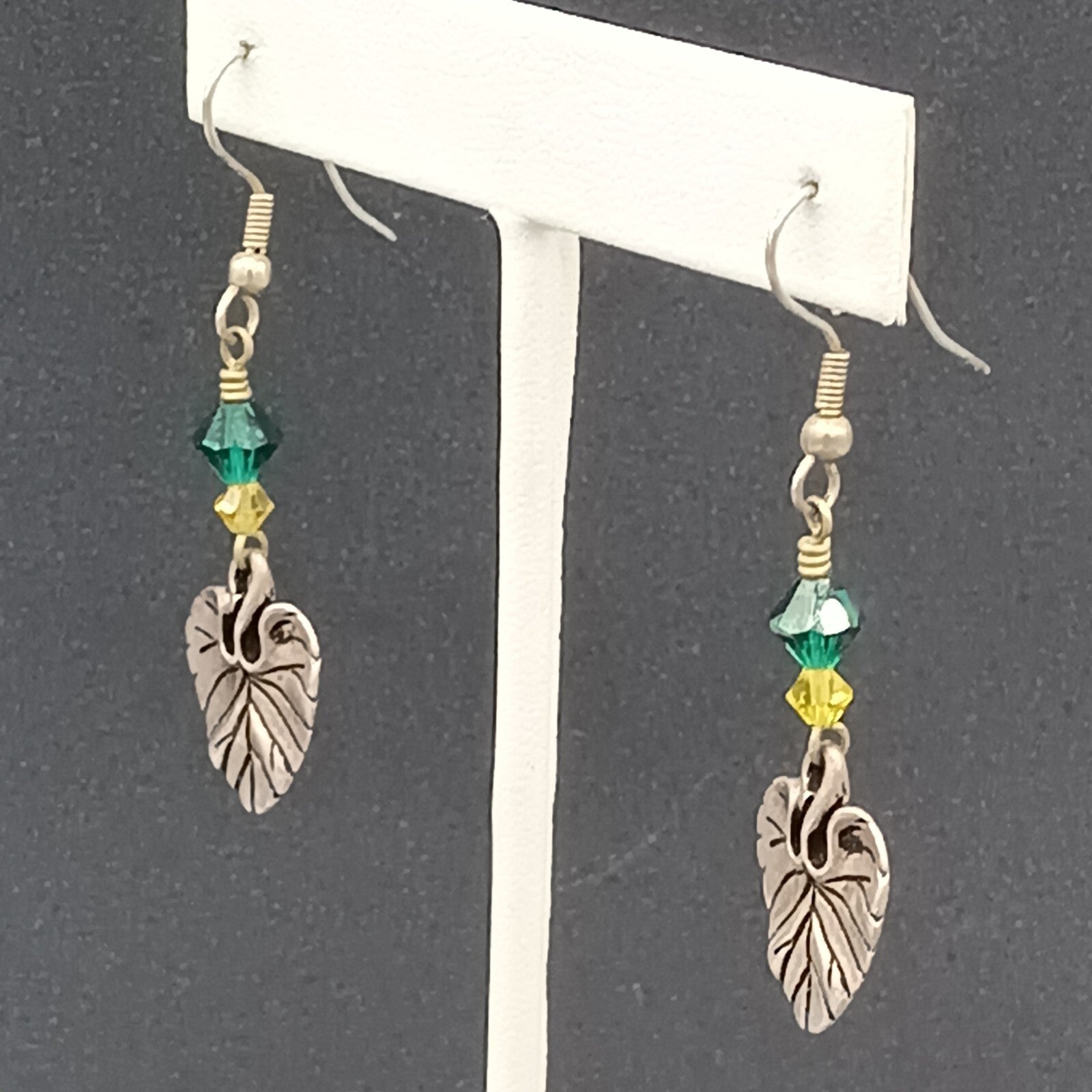 Pierced Earrings Silver tone Leaf Green Yellow Bead Dangle 1.25"
