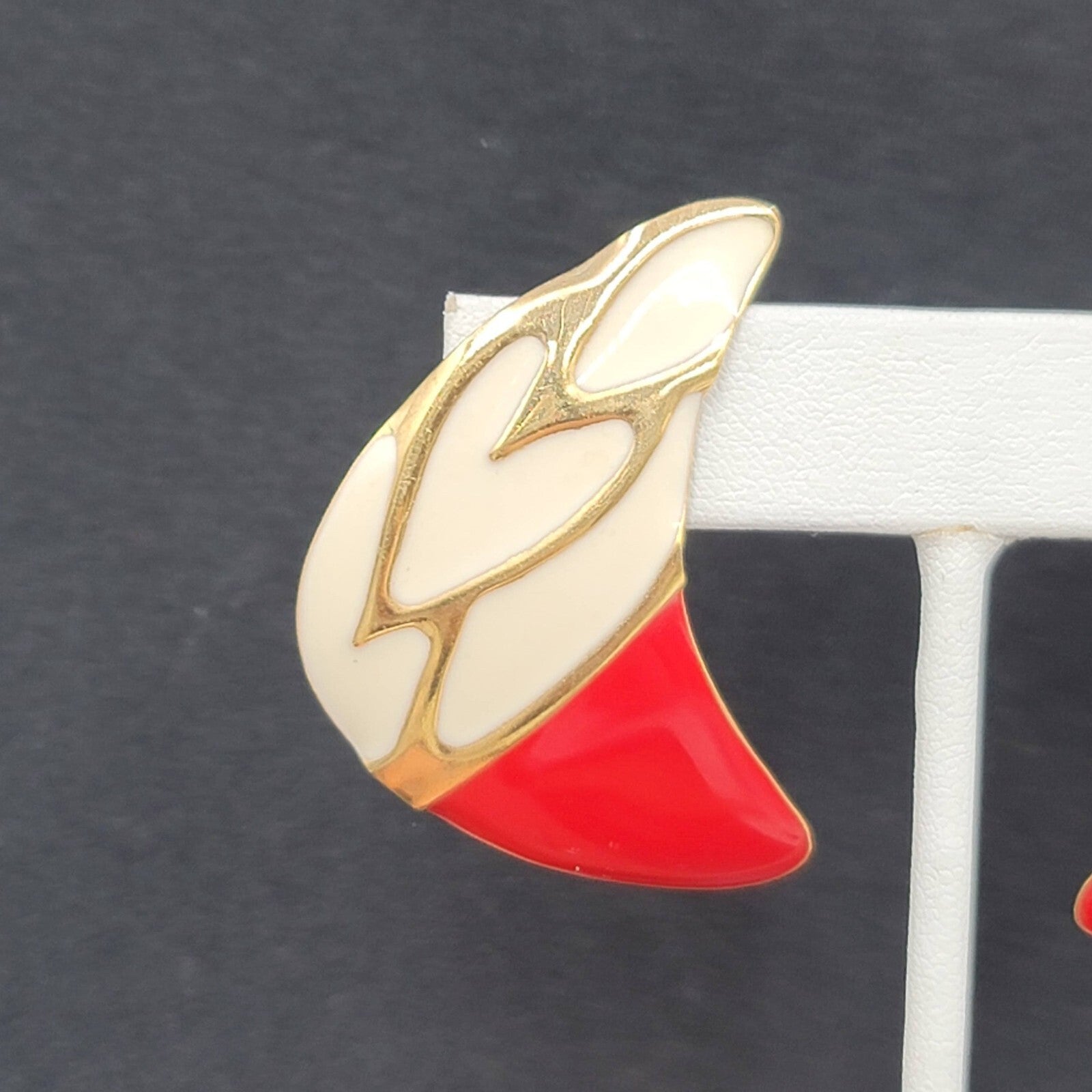 Vintage Pierced Earrings Large Red White Enamel Statement Gold tone 1.75"