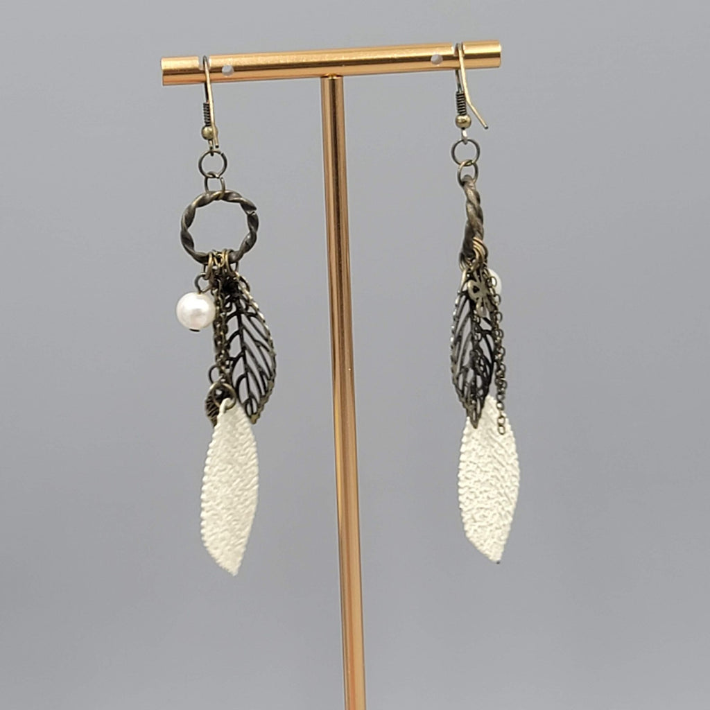 Boho White Enamel Leaf Pierced Earrings Bronze tone Dangle 3.25"