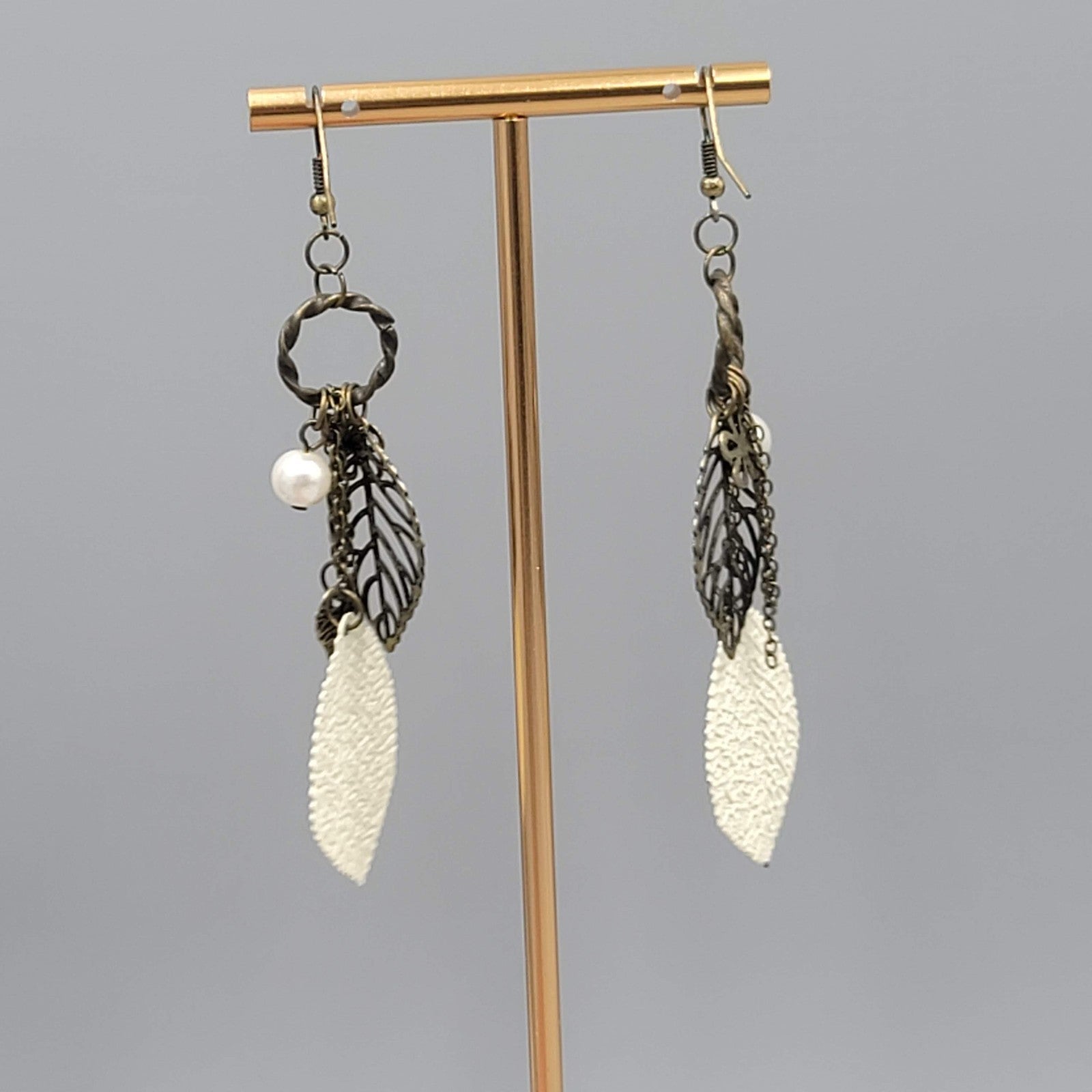 Boho White Enamel Leaf Pierced Earrings Bronze tone Dangle 3.25"