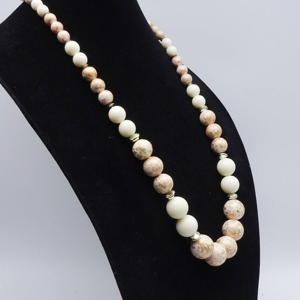 Vintage Mid Century White and Gold Graduated Bead Necklace 30 in