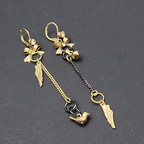 Asymmetrical Bows Birds Angel Wings Pierced Earrings Gold tone Dangle 3"
