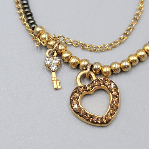 Dainty Heart Charm Bracelet Black and Gold tone Seed Beads Adjustable