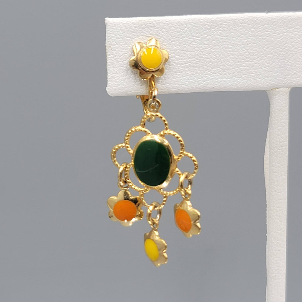 Vtg Celebrity Clip on Earrings Gold tone Dangle Orange Green Yellow Enamel 1.25"
