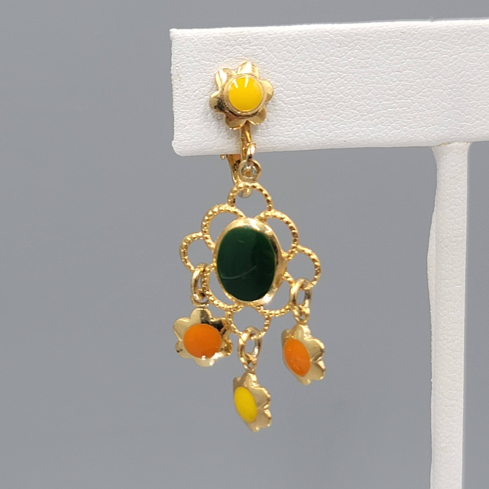 Vtg Celebrity Clip on Earrings Gold tone Dangle Orange Green Yellow Enamel 1.25"