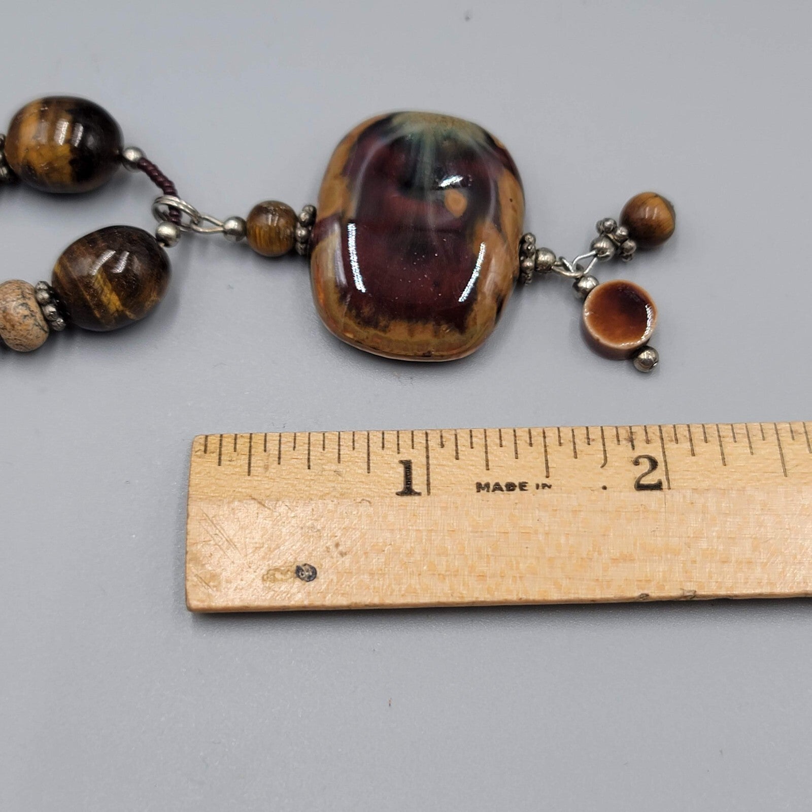 Boho Brown Pottery and Glass Bead Necklace Silver tone 20"