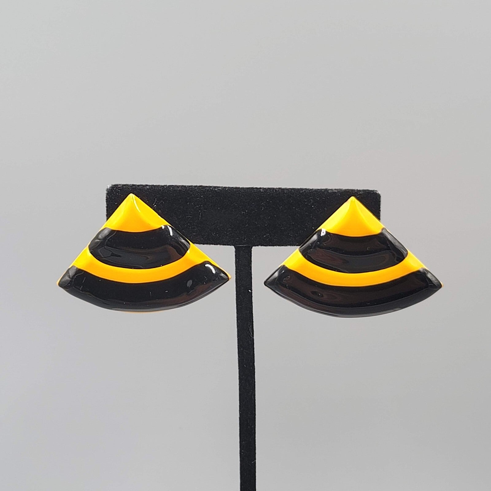 Vintage Pierced Earrings Yellow Black Enamel Triangle Drop Statement 80s 1 1/8"